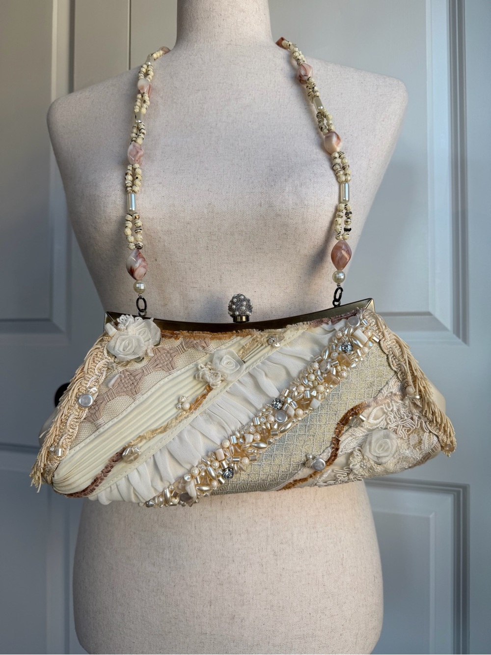 Vintage Mary Frances Embellished Bridal Bag Pearl Beaded Patchwork Shoulder Bag